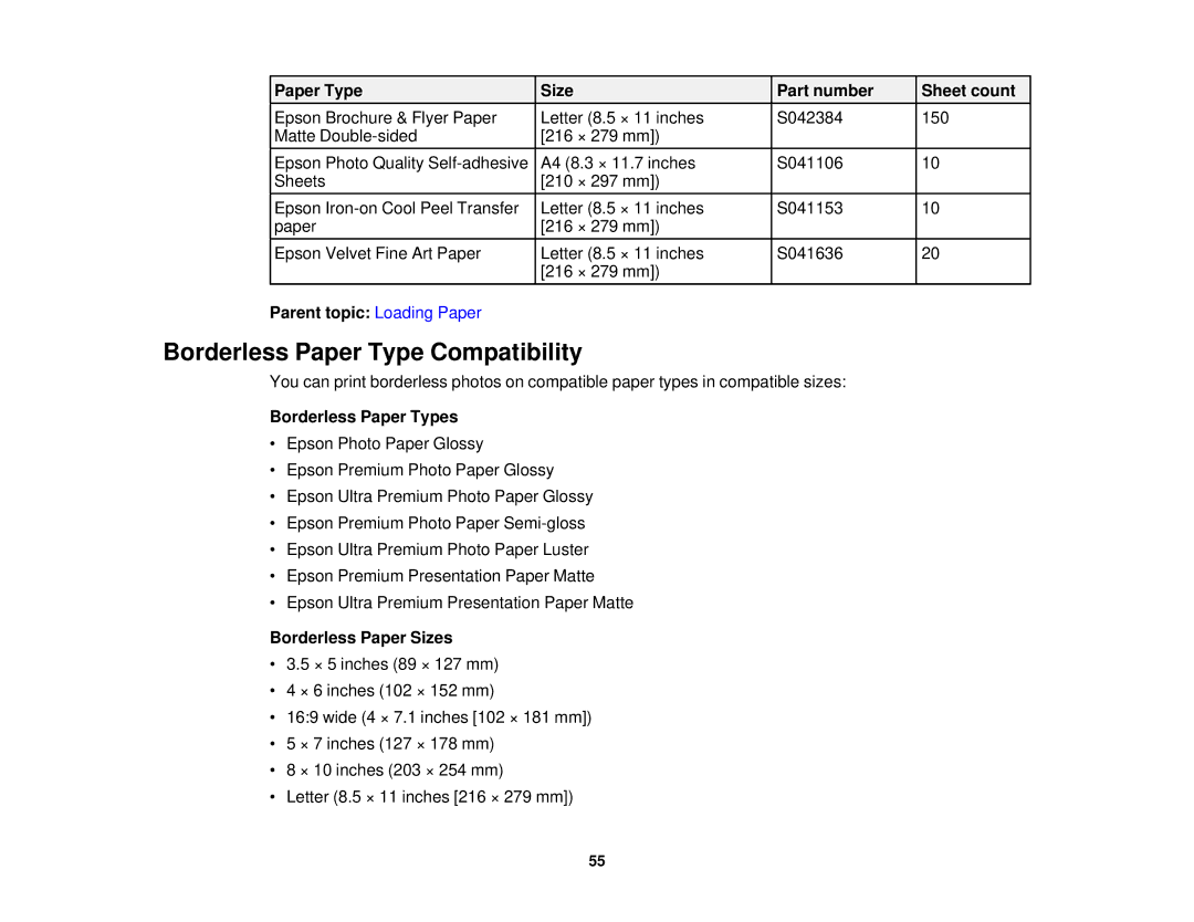 Epson XP-850 manual Borderless Paper Type Compatibility, Borderless Paper Types, Borderless Paper Sizes 