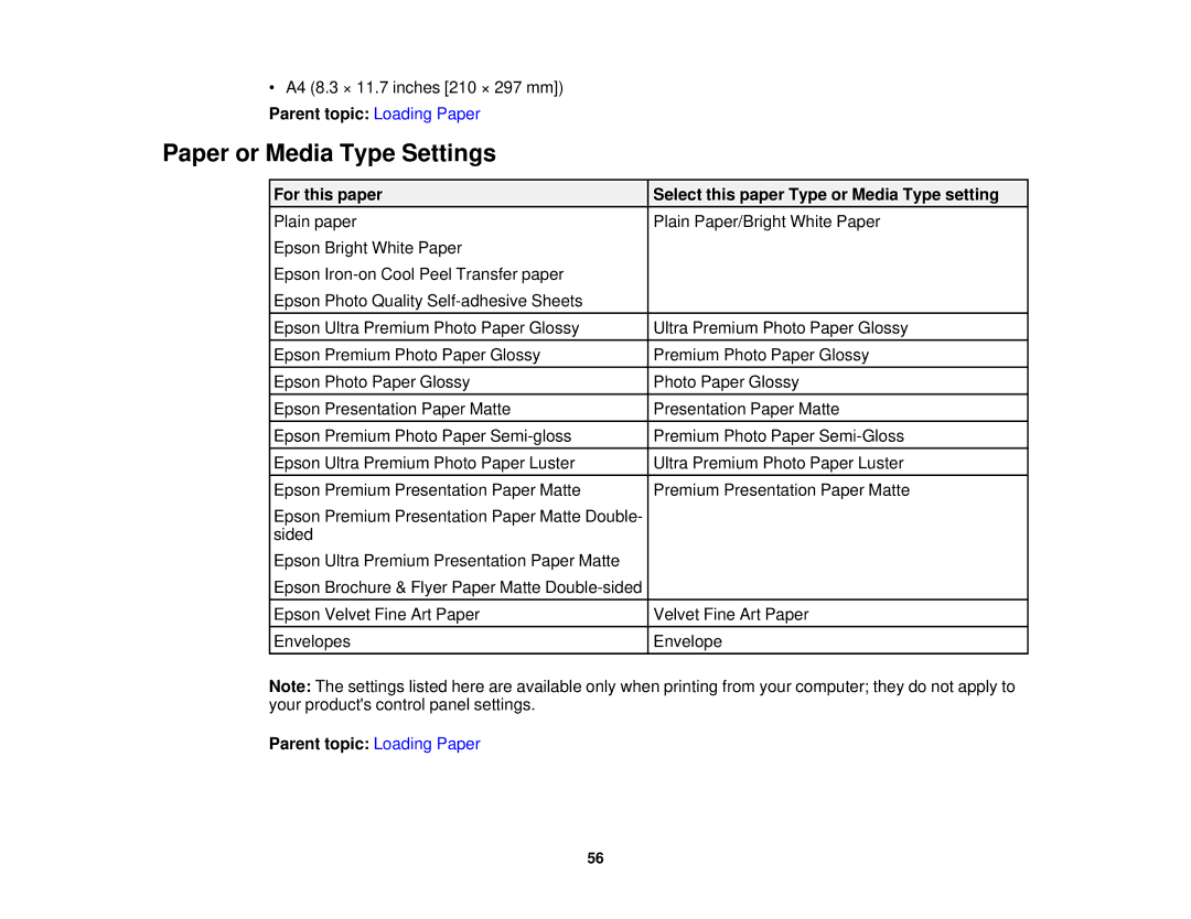 Epson XP-850 manual Paper or Media Type Settings, For this paper Select this paper Type or Media Type setting 