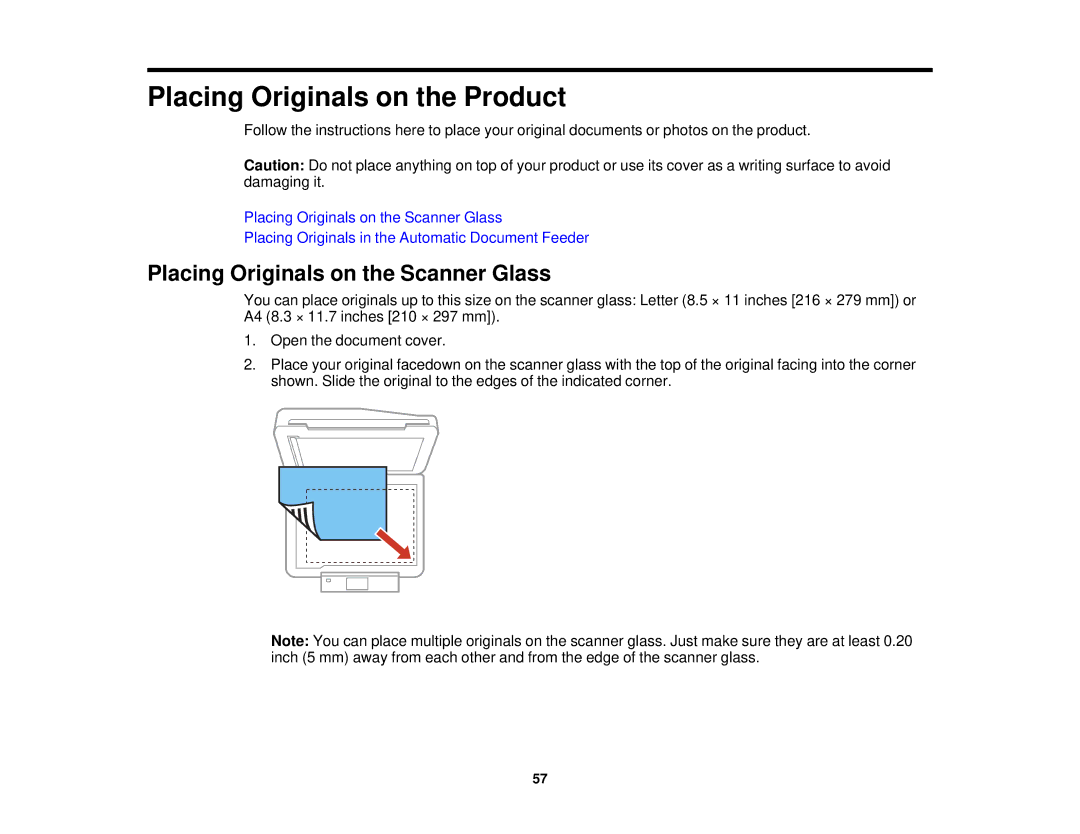 Epson XP-850 manual Placing Originals on the Product, Placing Originals on the Scanner Glass 