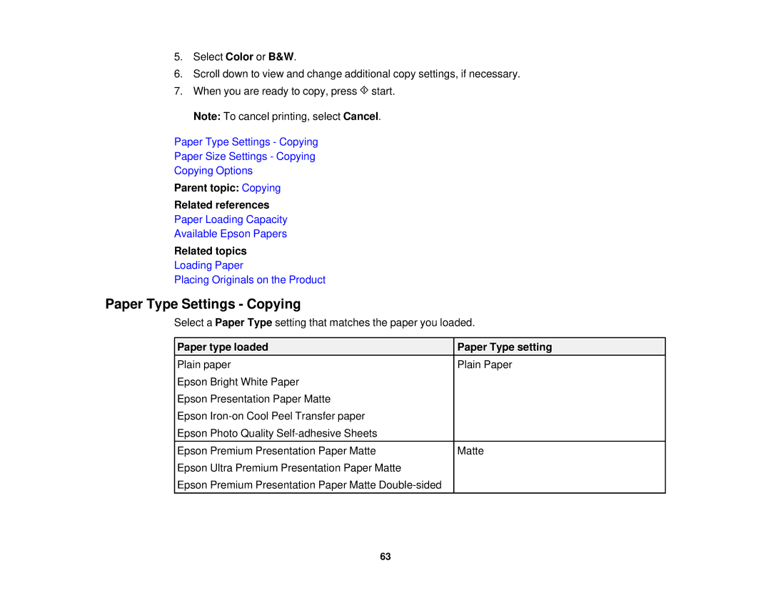 Epson XP-850 Paper Type Settings Copying, Parent topic Copying Related references, Paper type loaded Paper Type setting 