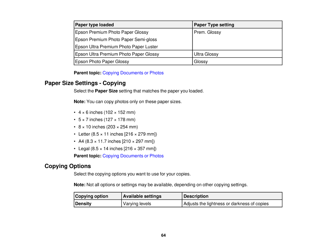 Epson XP-850 manual Paper Size Settings Copying, Copying Options 