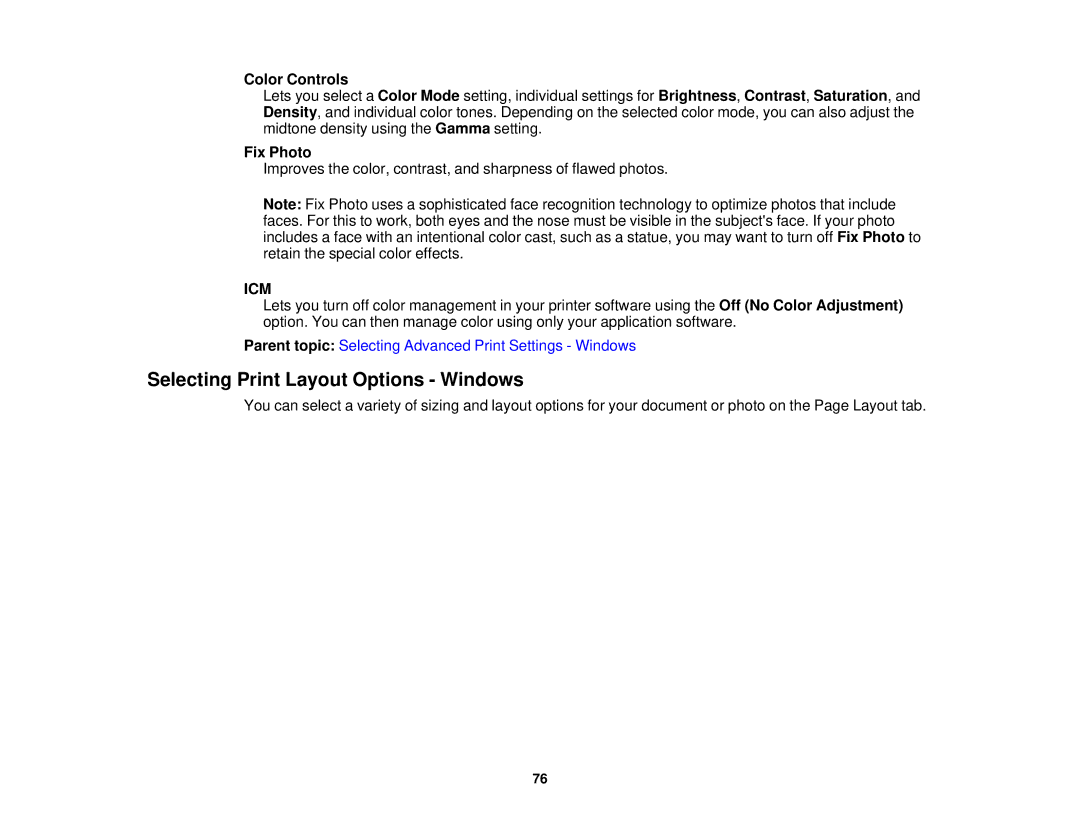 Epson XP-850 manual Selecting Print Layout Options Windows, Color Controls 