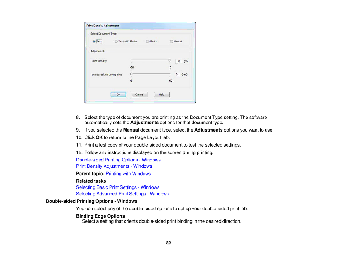 Epson XP-850 manual Double-sided Printing Options Windows, Binding Edge Options 