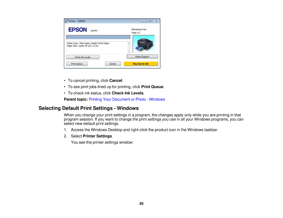 Epson XP-850 manual Selecting Default Print Settings Windows, Select Printer Settings 