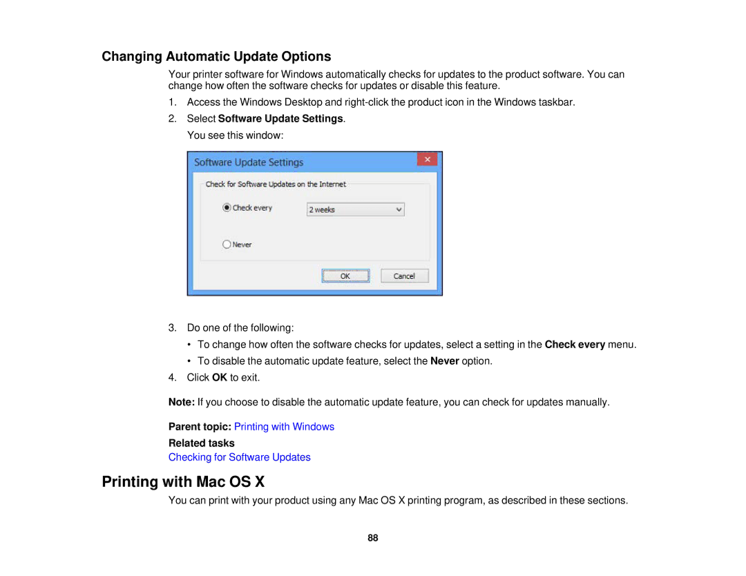 Epson XP-850 manual Printing with Mac OS, Changing Automatic Update Options 