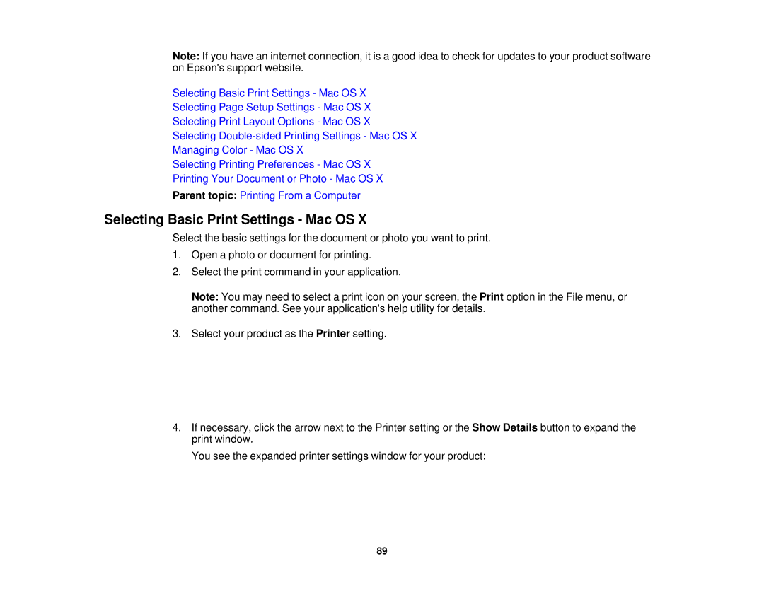 Epson XP-850 manual Selecting Basic Print Settings Mac OS 