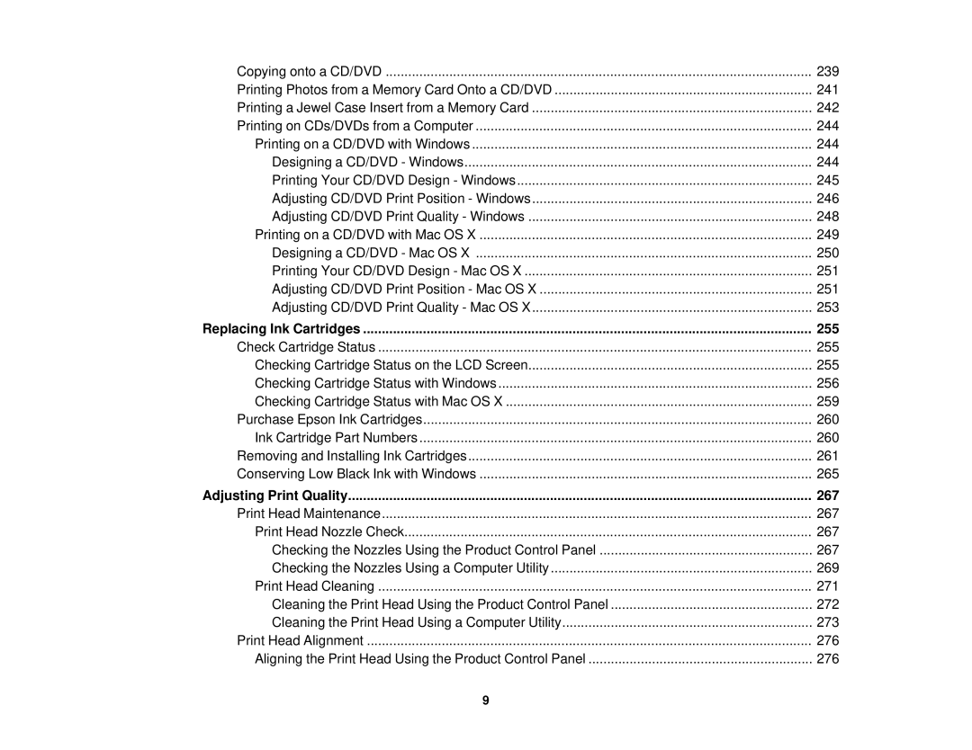 Epson XP-850 manual Replacing Ink Cartridges 255, Adjusting Print Quality 267 