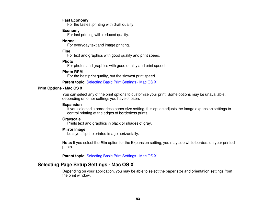 Epson XP-850 manual Selecting Page Setup Settings Mac OS, Print Options Mac OS, Grayscale, Mirror Image 