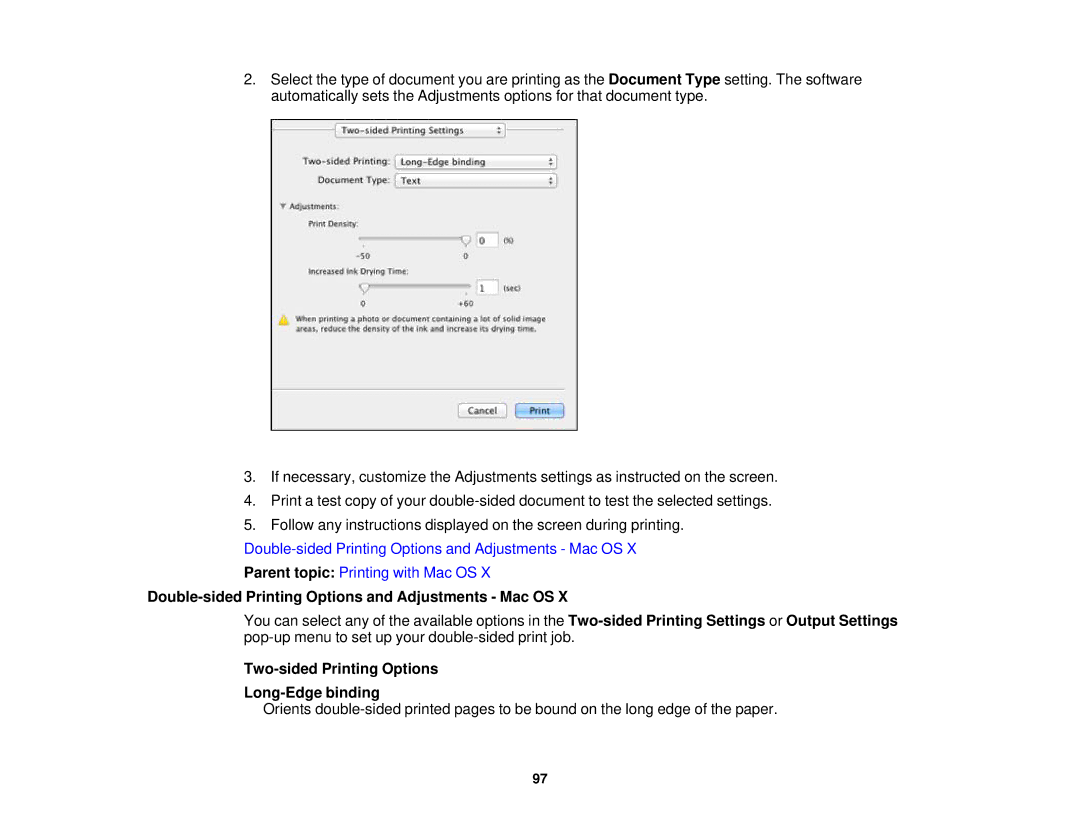 Epson XP-850 manual Double-sided Printing Options and Adjustments Mac OS, Two-sided Printing Options Long-Edge binding 