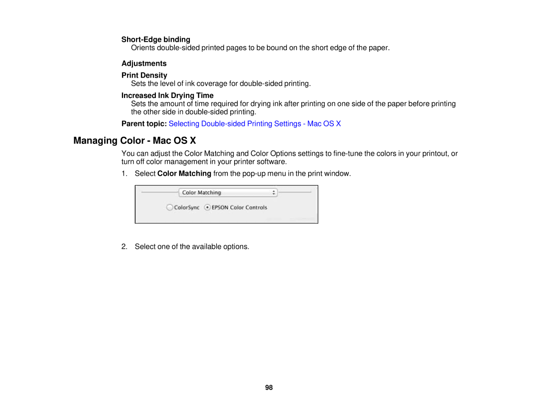 Epson XP-850 manual Managing Color Mac OS, Short-Edge binding, Adjustments Print Density 
