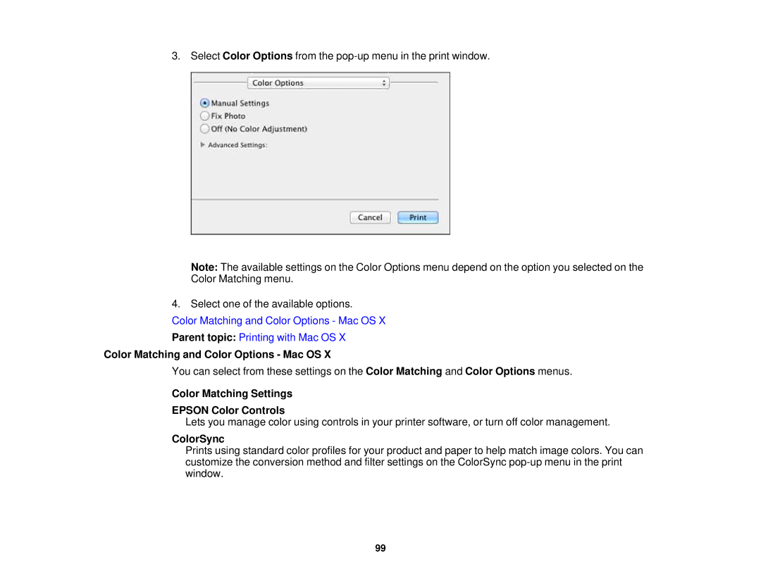 Epson XP-850 manual Color Matching and Color Options Mac OS, Color Matching Settings Epson Color Controls, ColorSync 
