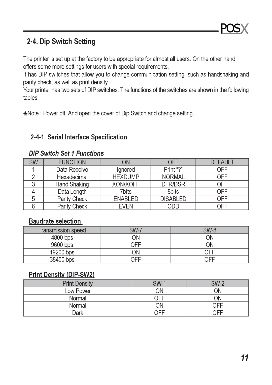 Epson XR510 manual Dip Switch Setting, Serial Interface Speciﬁcation, Baudrate selection, Print Density DIP-SW2 