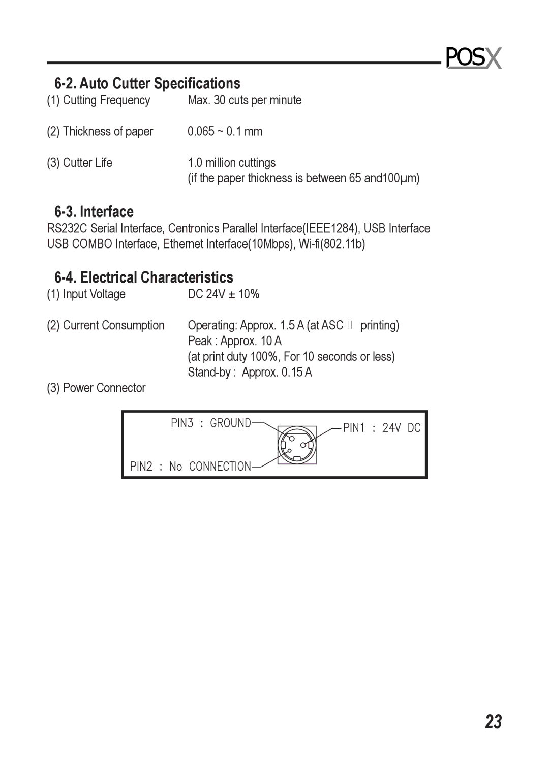 Epson XR510 manual Auto Cutter Speciﬁcations, Interface, Electrical Characteristics 