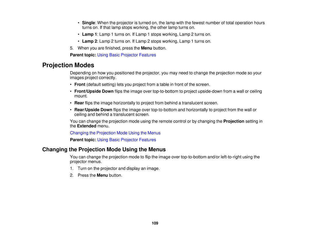 Epson Z11005NL, Z9870UNL, Z9900WNL, Z9870NL, Z9800WNL, Z9750UNL Projection Modes, Changing the Projection Mode Using the Menus 