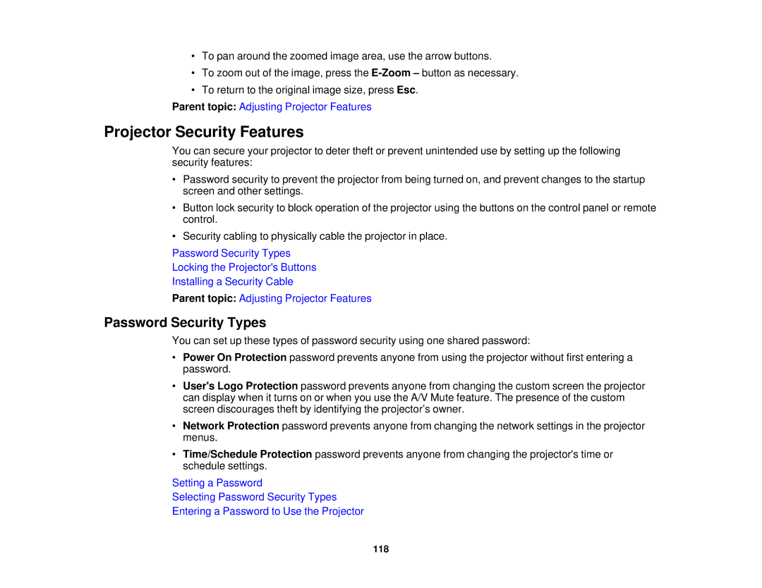 Epson Z11005NL, Z9870UNL, Z9900WNL, Z9870NL, Z9800WNL, Z9750UNL, Z10000UNL Projector Security Features, Password Security Types 