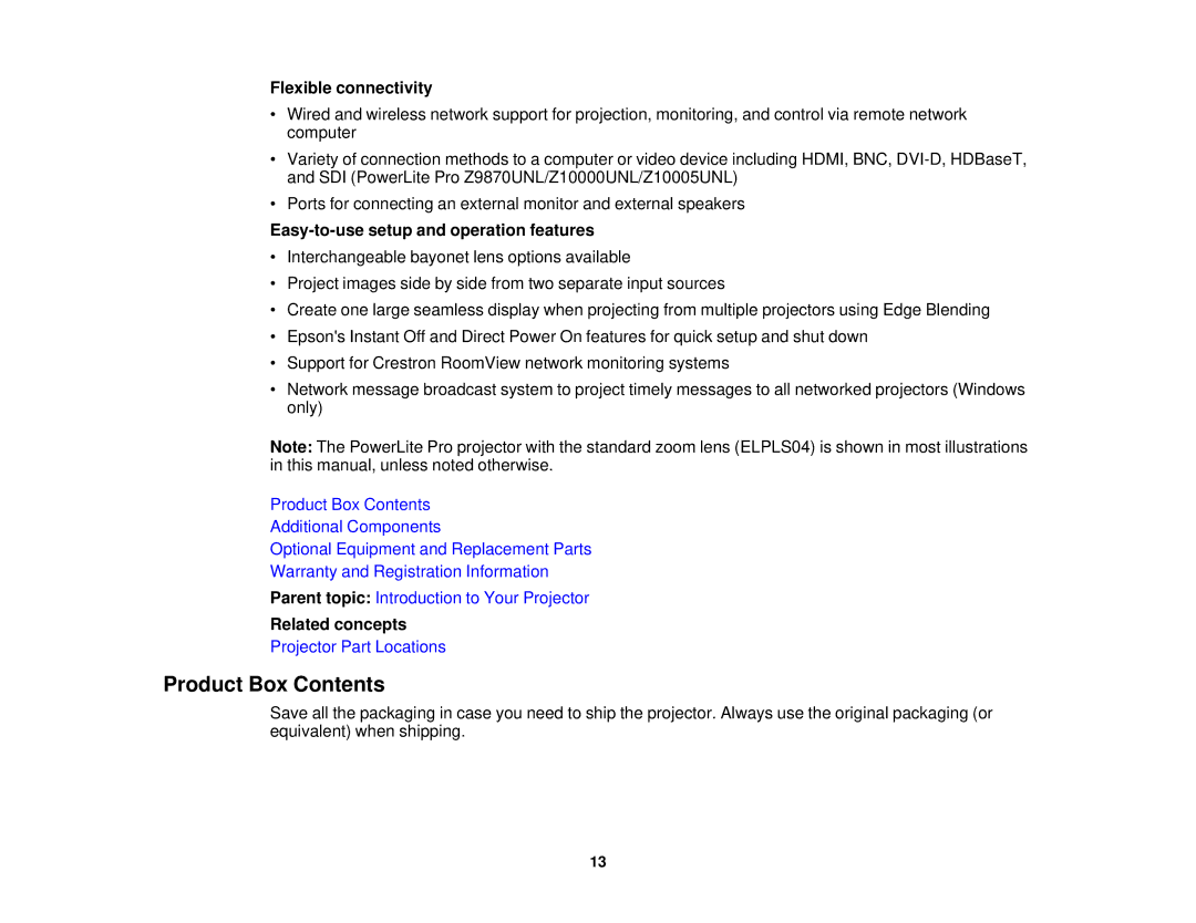 Epson Z9800WNL, Z9870UNL, Z11005NL, Z9900WNL, Z9870NL, Z9750UNL, Z10000UNL, Z10005UNL, Z11000WNL manual Product Box Contents 