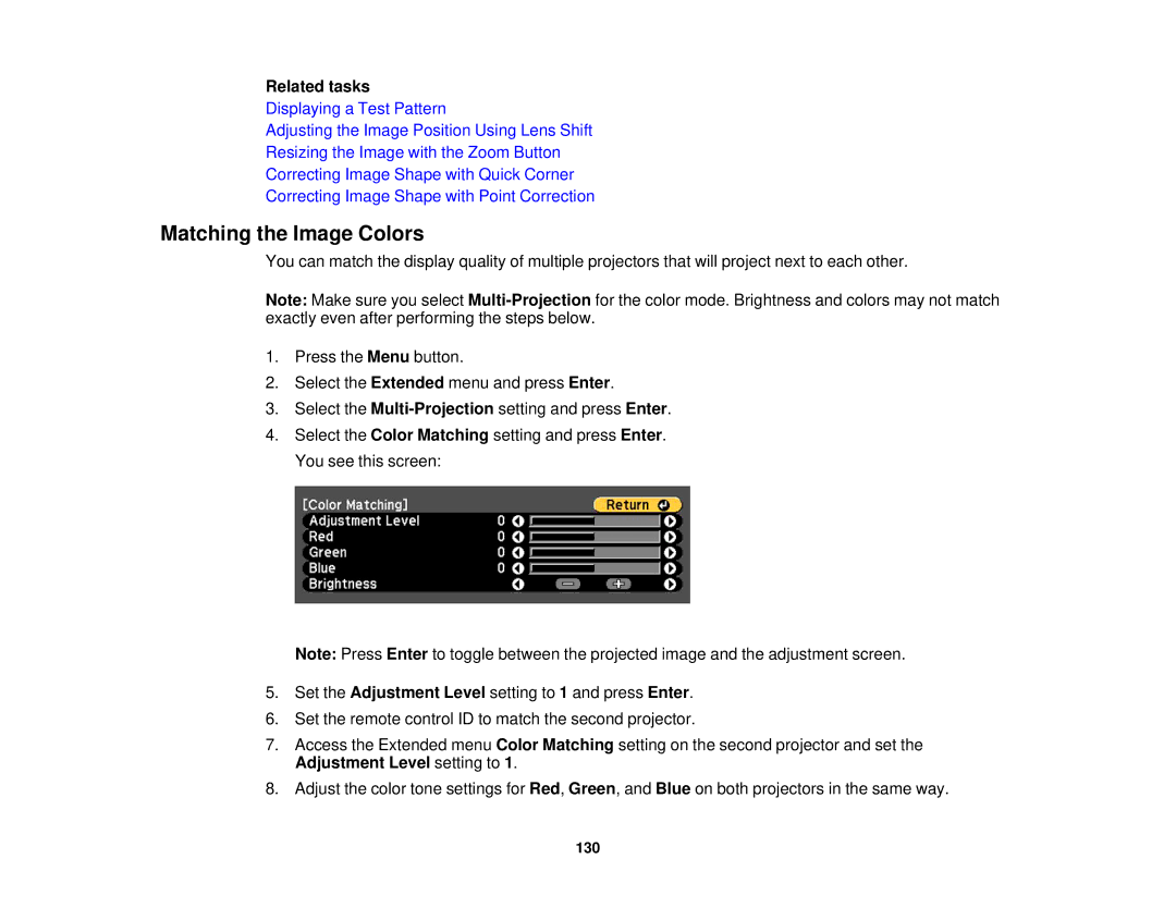 Epson Z9800WNL, Z9870UNL, Z11005NL, Z9900WNL, Z9870NL, Z9750UNL, Z10000UNL, Z10005UNL Matching the Image Colors, Related tasks 