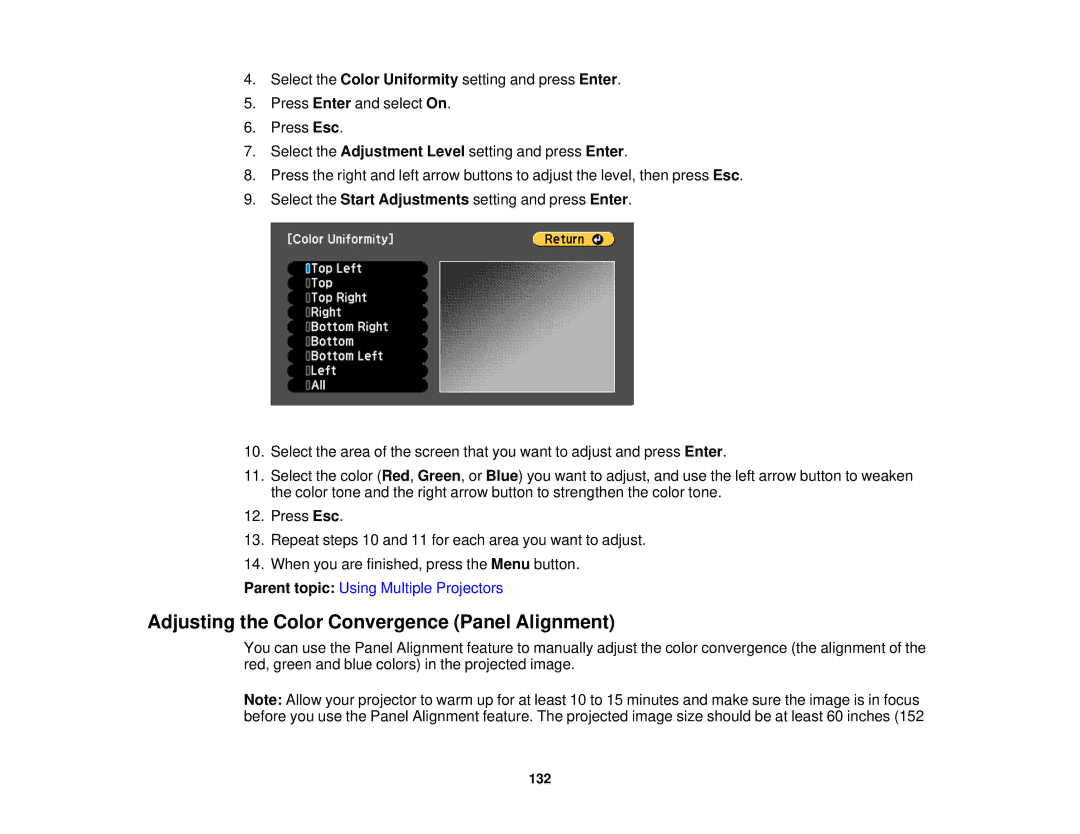 Epson Z10000UNL, Z9870UNL, Z11005NL, Z9900WNL, Z9870NL, Z9800WNL, Z9750UNL manual Adjusting the Color Convergence Panel Alignment 