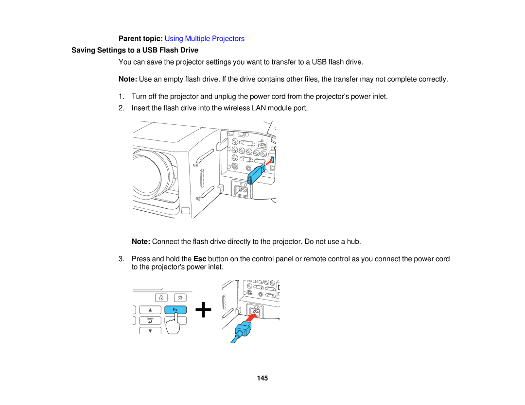 Epson Z11005NL, Z9870UNL, Z9900WNL, Z9870NL, Z9800WNL, Z9750UNL, Z10000UNL, Z10005UNL manual Saving Settings to a USB Flash Drive 