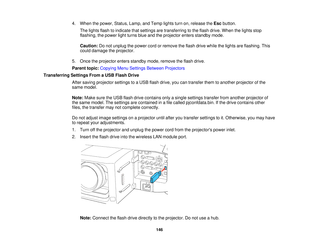 Epson Z9900WNL, Z9870UNL, Z11005NL, Z9870NL, Z9800WNL, Z9750UNL, Z10000UNL manual Transferring Settings From a USB Flash Drive 