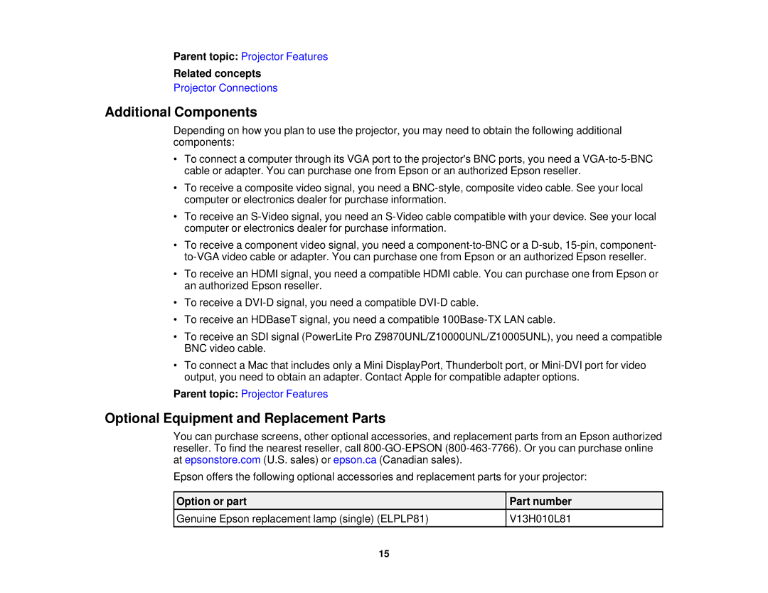 Epson Z10000UNL, Z9870UNL, Z11005NL, Z9900WNL, Z9870NL manual Additional Components, Optional Equipment and Replacement Parts 