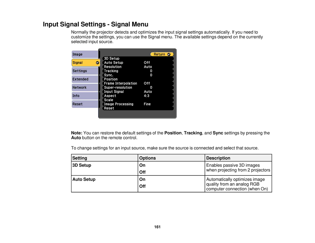 Epson Z11000WNL, Z9870UNL, Z11005NL, Z9900WNL, Z9870NL, Z9800WNL, Z9750UNL, Z10000UNL manual Input Signal Settings Signal Menu 