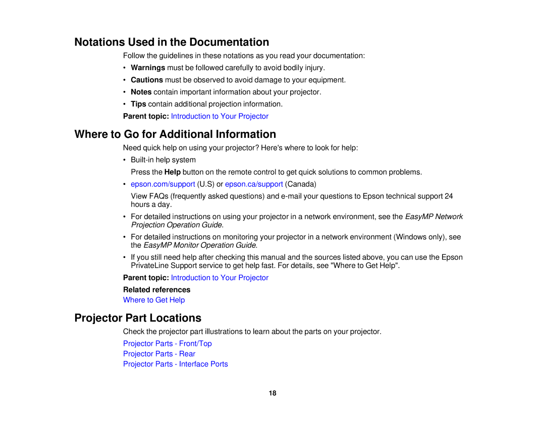 Epson Z9870UNL manual Notations Used in the Documentation, Where to Go for Additional Information, Projector Part Locations 