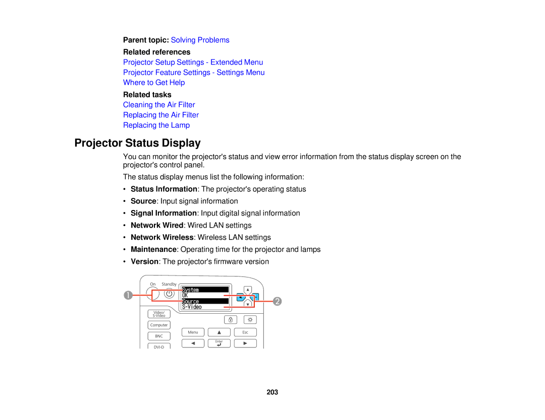 Epson Z9750UNL, Z9870UNL, Z11005NL, Z9900WNL, Z9870NL, Z9800WNL, Z10000UNL manual Projector Status Display, Related references 