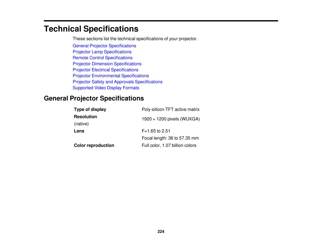 Epson Z11000WNL, Z9870UNL, Z11005NL, Z9900WNL General Projector Specifications, Type of display, Lens, Color reproduction 