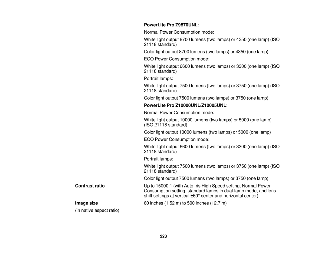 Epson Z9870NL, Z11005NL, Z9900WNL, Z9800WNL manual PowerLite Pro Z9870UNL, PowerLite Pro Z10000UNL/Z10005UNL, Contrast ratio 