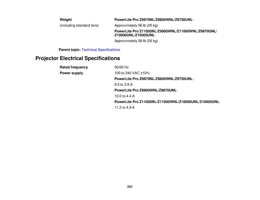 Epson Z10000UNL, Z9870UNL, Z11005NL, Z9900WNL, Z9870NL, Z9800WNL, Z9750UNL, Z10005UNL manual Projector Electrical Specifications 