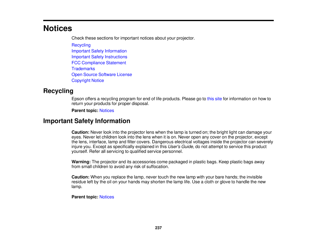 Epson Z9870NL, Z9870UNL, Z11005NL, Z9900WNL, Z9800WNL, Z9750UNL Recycling, Important Safety Information, Parent topic Notices 