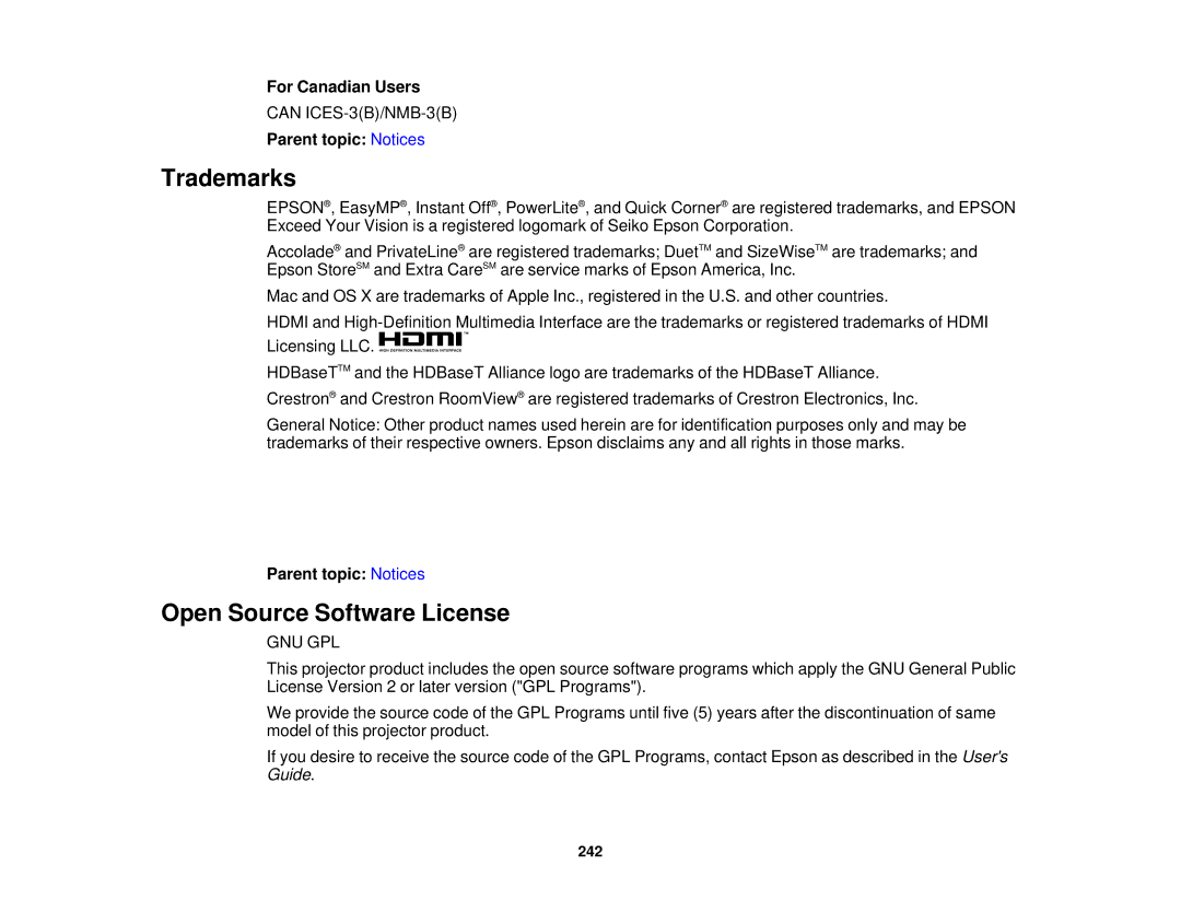 Epson Z11000WNL, Z9870UNL, Z11005NL, Z9900WNL, Z9870NL, Z9800WNL Trademarks, Open Source Software License, For Canadian Users 