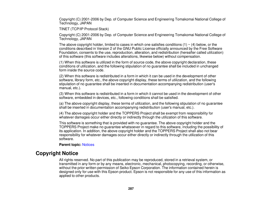 Epson Z11000WNL, Z9870UNL, Z11005NL, Z9900WNL, Z9870NL, Z9800WNL, Z9750UNL, Z10000UNL Copyright Notice, Parent topic Notices 