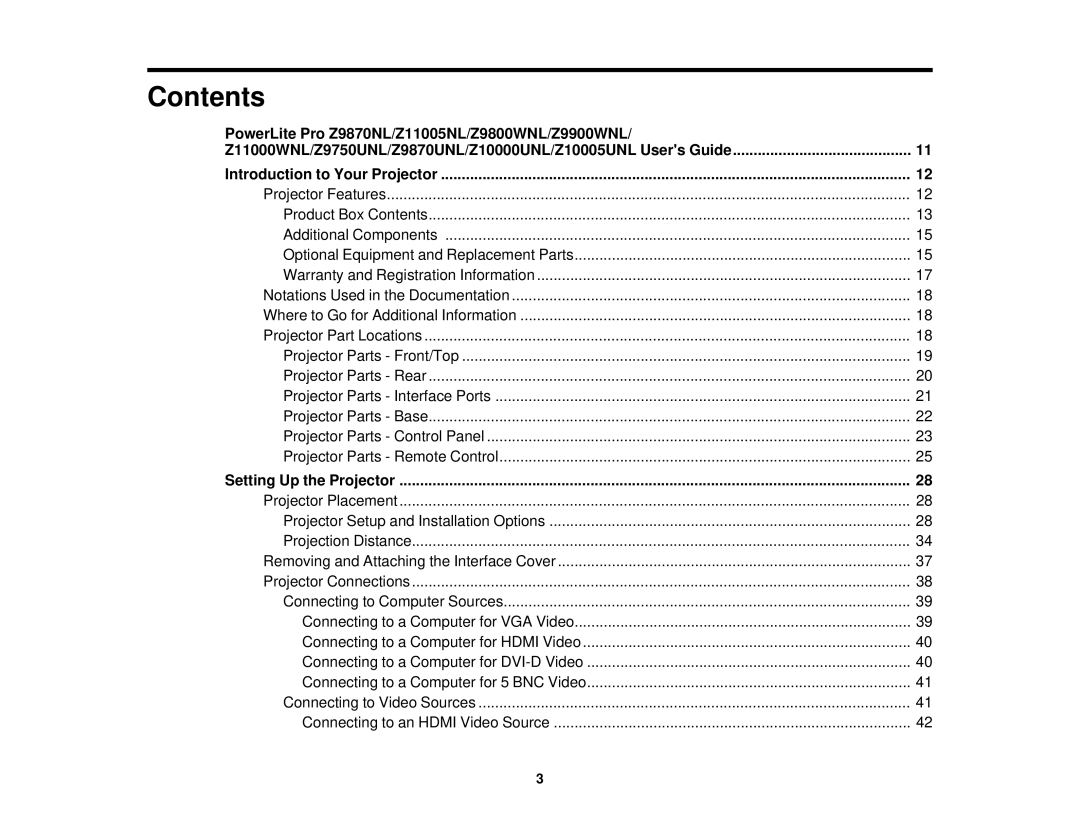 Epson Z9870NL, Z9870UNL, Z11005NL, Z9900WNL, Z9800WNL, Z9750UNL, Z10000UNL, Z10005UNL, Z11000WNL manual Contents 