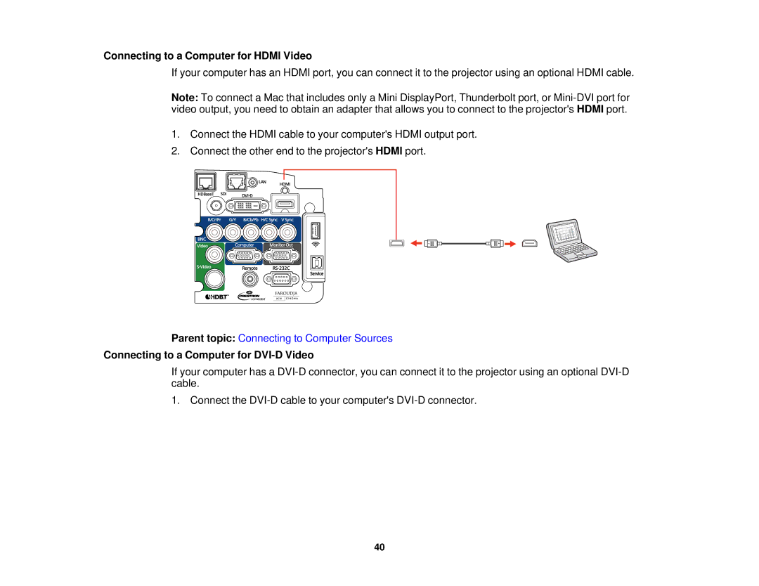 Epson Z9800WNL, Z9870UNL, Z11005NL manual Connecting to a Computer for Hdmi Video, Connecting to a Computer for DVI-D Video 