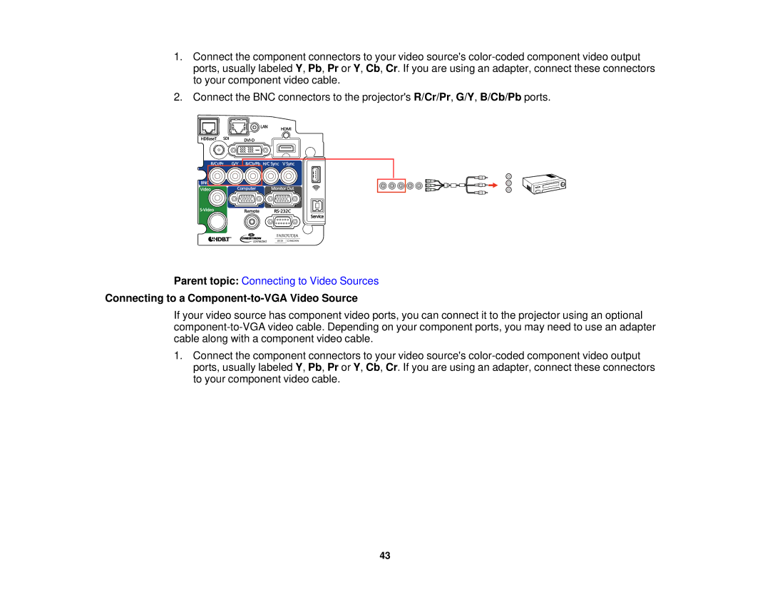 Epson Z10005UNL, Z9870UNL, Z11005NL, Z9900WNL, Z9870NL, Z9800WNL, Z9750UNL manual Connecting to a Component-to-VGA Video Source 