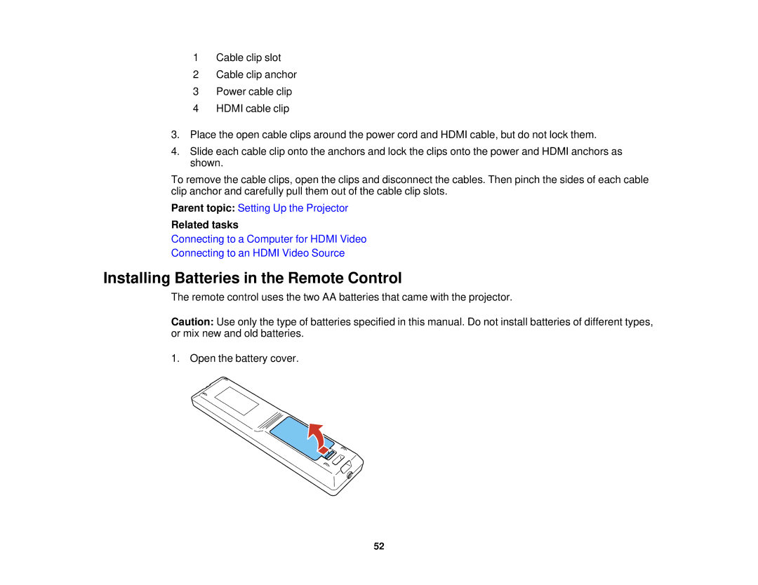 Epson Z10005UNL, Z9870UNL, Z11005NL, Z9900WNL, Z9870NL, Z9800WNL Installing Batteries in the Remote Control, Related tasks 