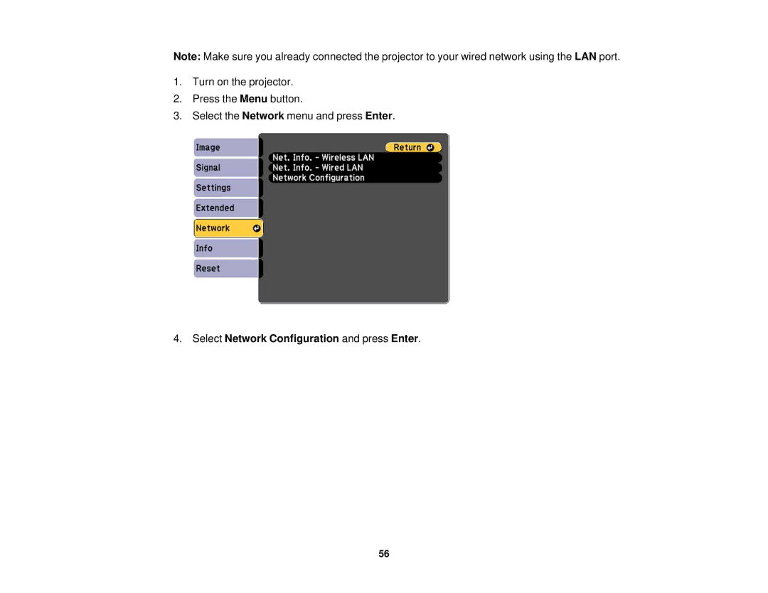 Epson Z9900WNL, Z9870UNL, Z11005NL, Z9870NL, Z9800WNL, Z9750UNL, Z10000UNL manual Select Network Configuration and press Enter 