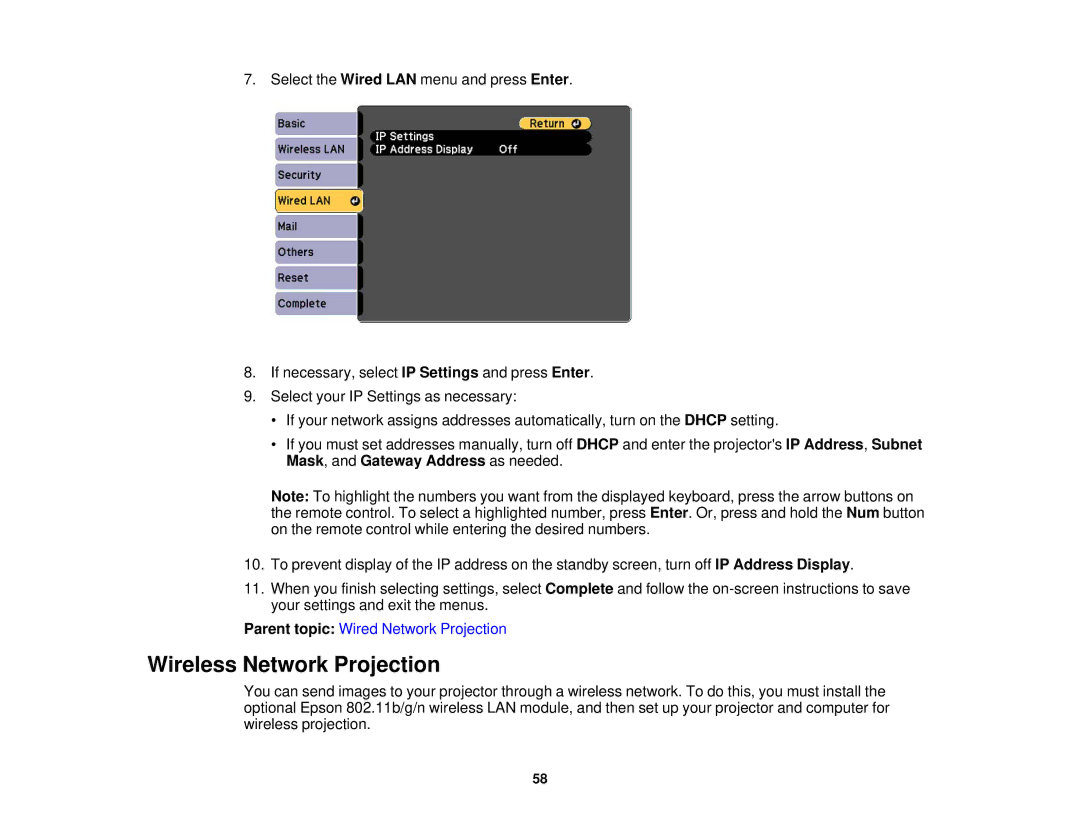 Epson Z9800WNL, Z9870UNL, Z11005NL, Z9900WNL, Z9870NL, Z9750UNL, Z10000UNL, Z10005UNL, Z11000WNL manual Wireless Network Projection 