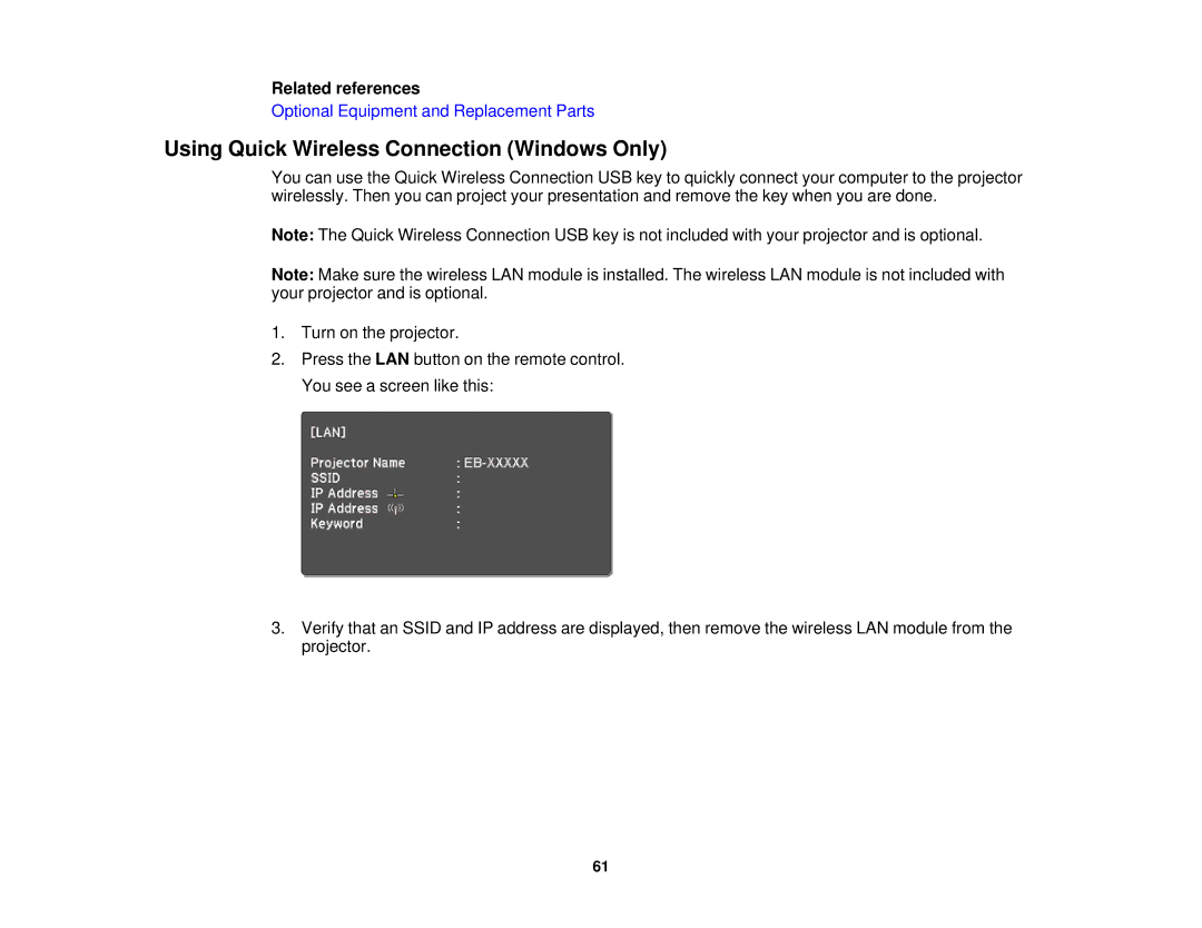 Epson Z10005UNL, Z9870UNL, Z11005NL, Z9900WNL, Z9870NL, Z9800WNL, Z9750UNL manual Using Quick Wireless Connection Windows Only 