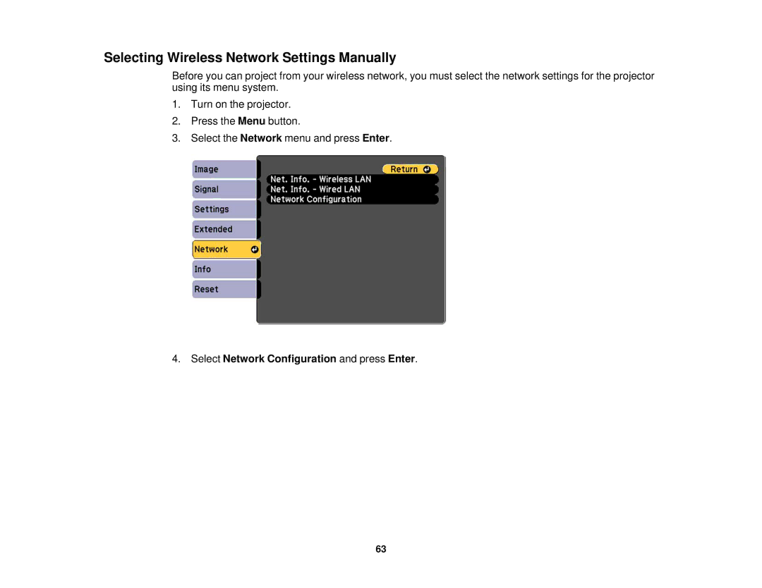 Epson Z9870UNL, Z11005NL manual Selecting Wireless Network Settings Manually, Select Network Configuration and press Enter 