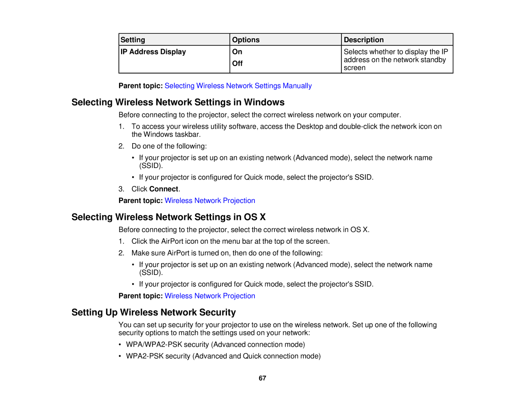 Epson Z9800WNL, Z9870UNL, Z9870NL Selecting Wireless Network Settings in Windows, Selecting Wireless Network Settings in OS 