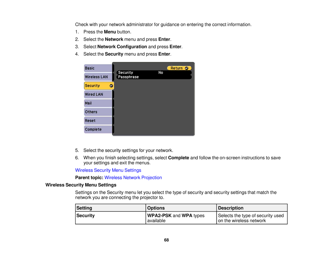 Epson Z9750UNL, Z9870UNL, Z11005NL, Z9900WNL Select Network Configuration and press Enter, Wireless Security Menu Settings 