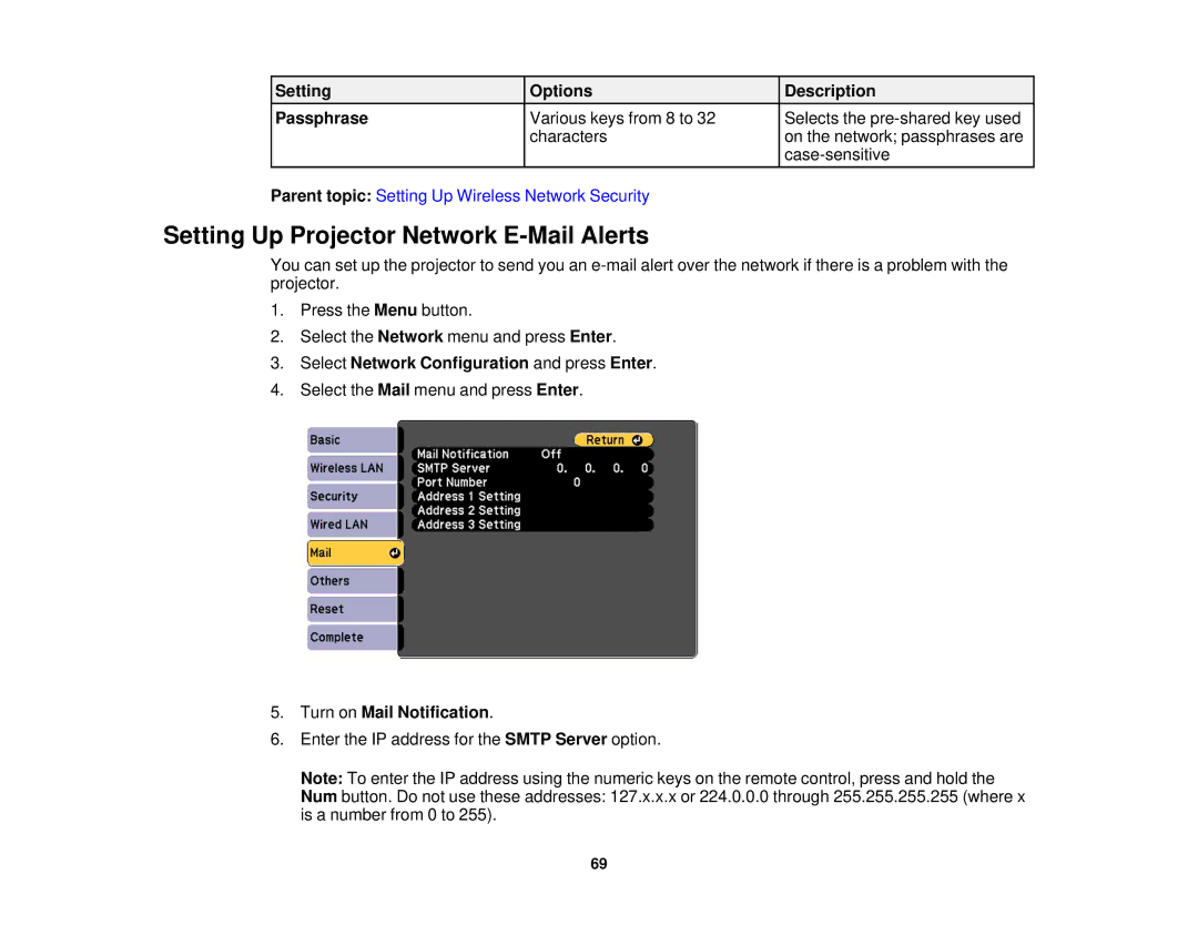 Epson Z10000UNL, Z9870UNL, Z11005NL manual Setting Up Projector Network E-Mail Alerts, Setting Options Description Passphrase 