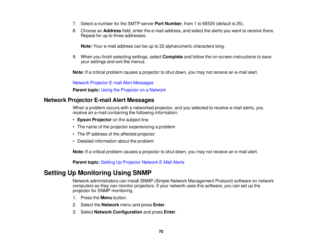 Epson Z10005UNL, Z9870UNL, Z11005NL, Z9900WNL manual Setting Up Monitoring Using Snmp, Network Projector E-mail Alert Messages 