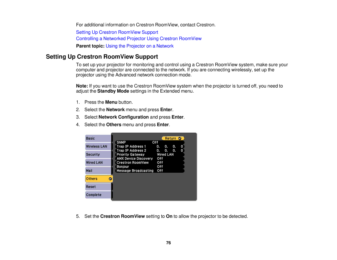 Epson Z9800WNL, Z9870UNL, Z11005NL manual Setting Up Crestron RoomView Support, Select Network Configuration and press Enter 