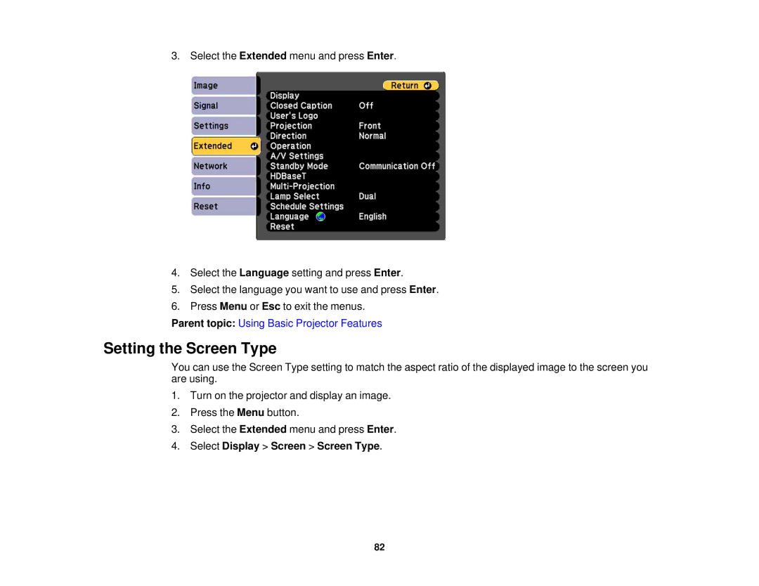 Epson Z11005NL, Z9870UNL, Z9900WNL, Z9870NL, Z9800WNL, Z9750UNL Setting the Screen Type, Select Display Screen Screen Type 