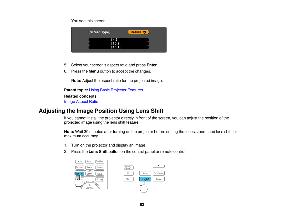 Epson Z9900WNL, Z9870UNL, Z11005NL, Z9870NL, Z9800WNL manual Adjusting the Image Position Using Lens Shift, Related concepts 