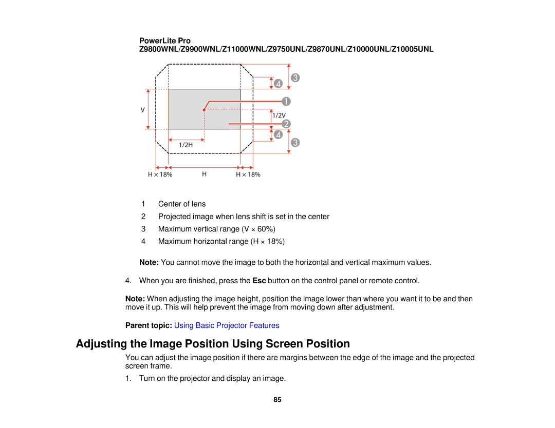 Epson Z9800WNL, Z9870UNL, Z11005NL, Z9900WNL, Z9870NL, Z9750UNL, Z10000UNL Adjusting the Image Position Using Screen Position 